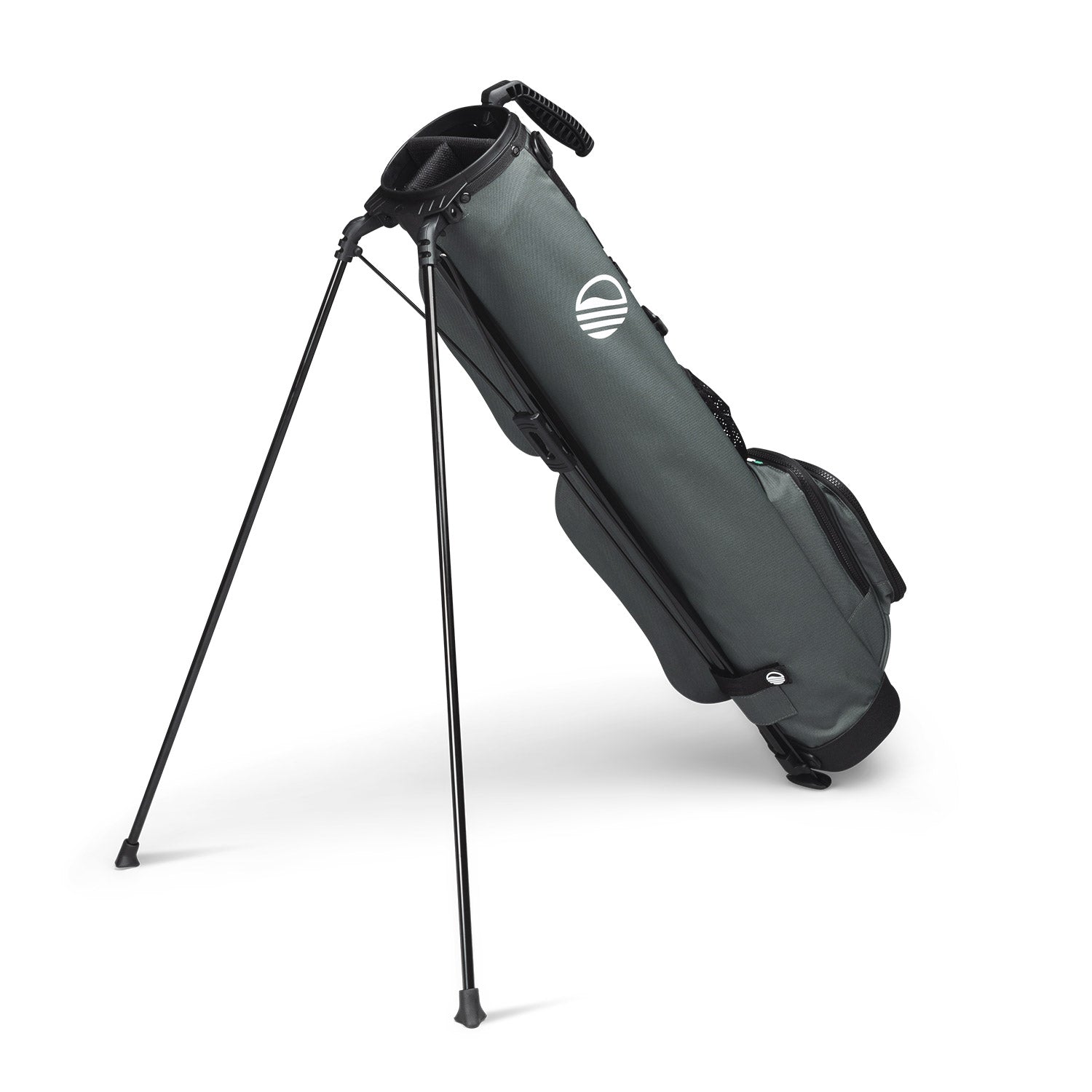 A full shot of standing Loma XL golf bag in midnight green facing backward