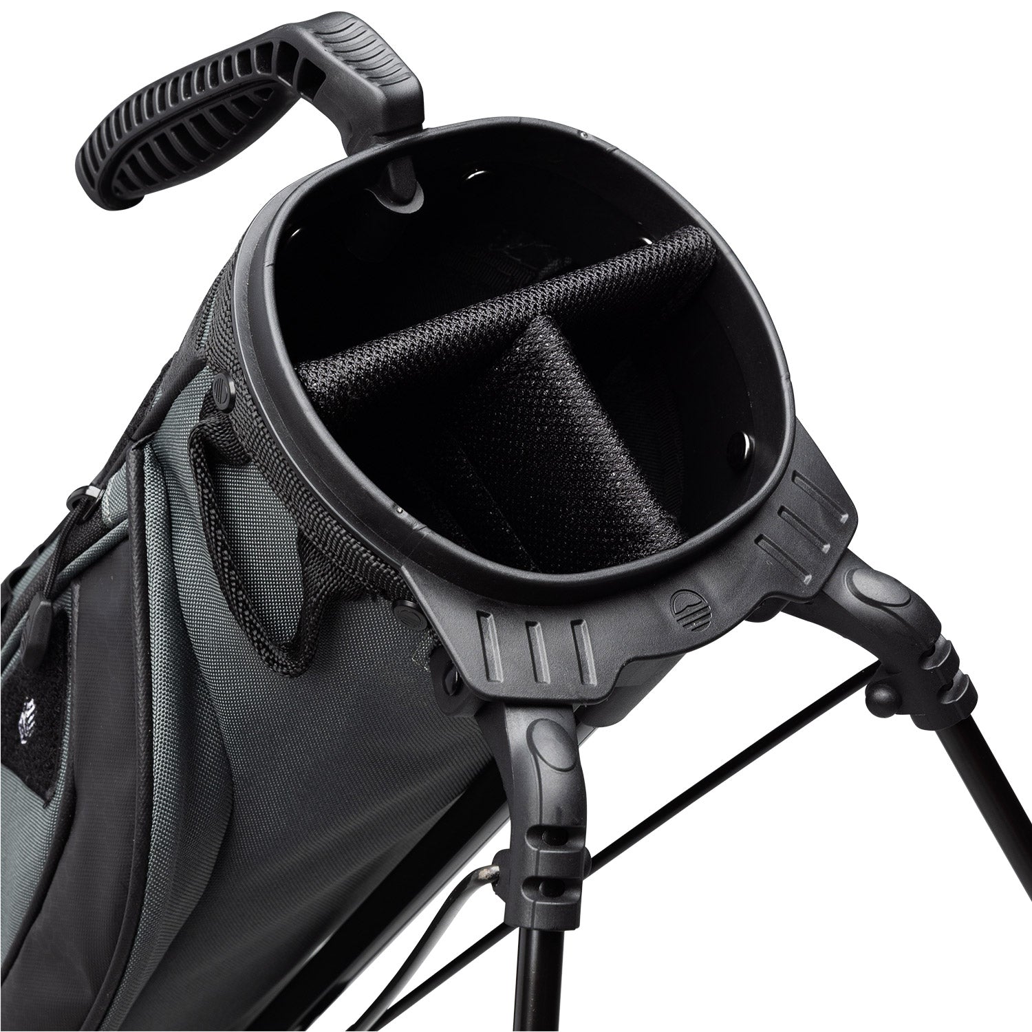 A close up top view of a midnight green Loma XL golf bag's 3-way divider
