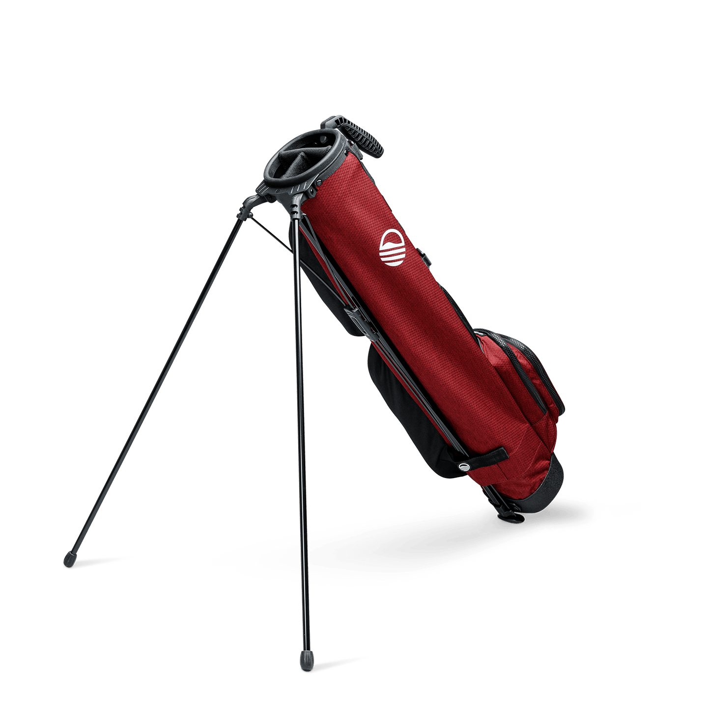 A full shot of standing Loma XL golf bag in deep red burgundy facing backward