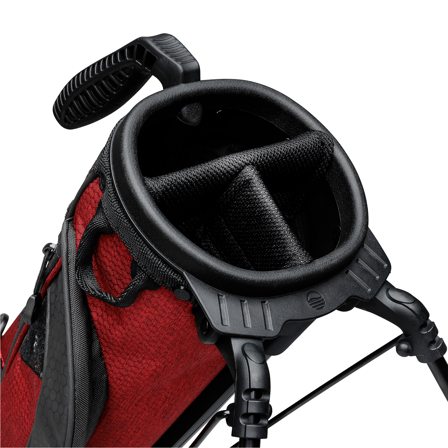 A close up top view of a deep red burgundy Loma XL golf bag's 3-way divider
