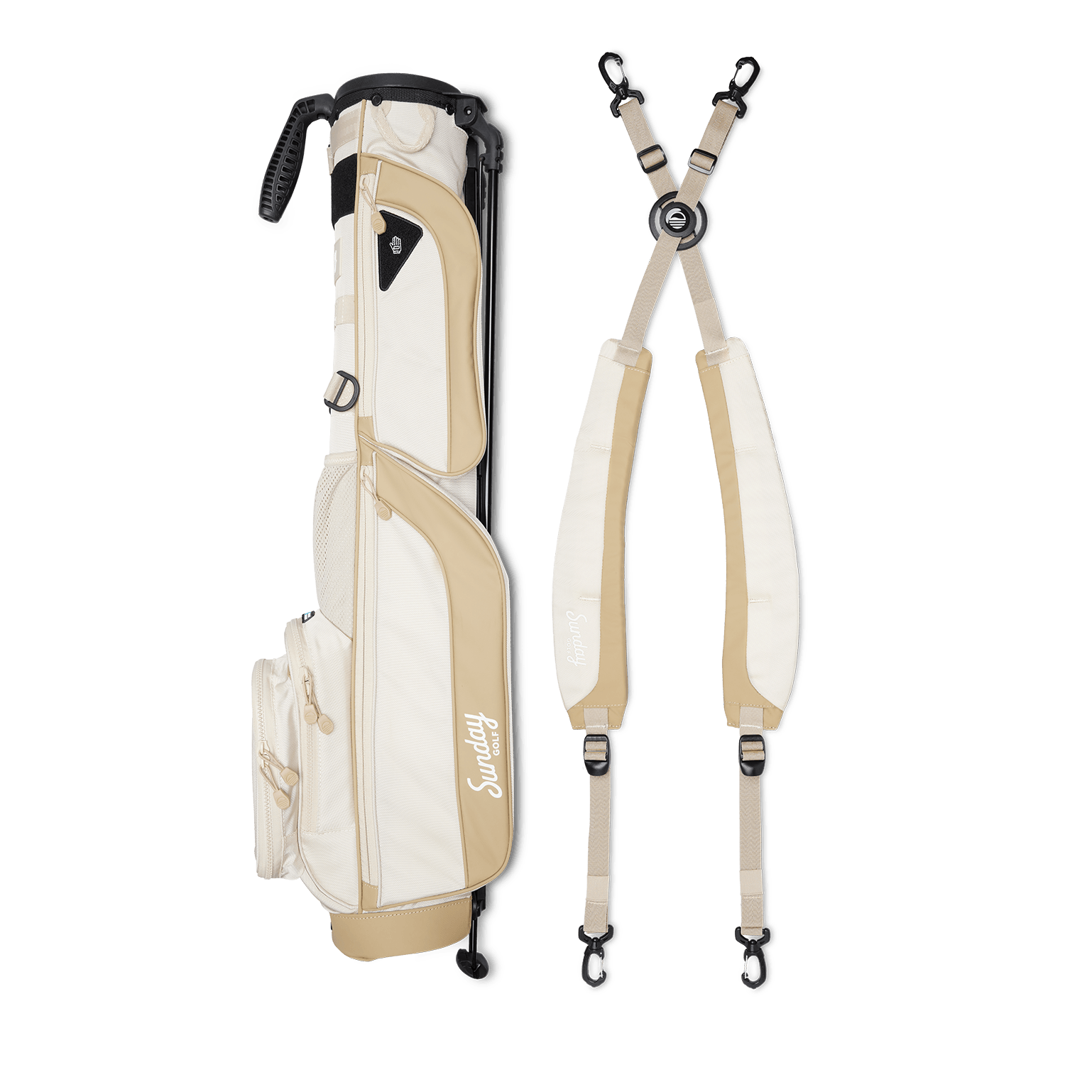 A full shot of Loma XL golf bag in toasted almond laying flat sideways beside its double strap