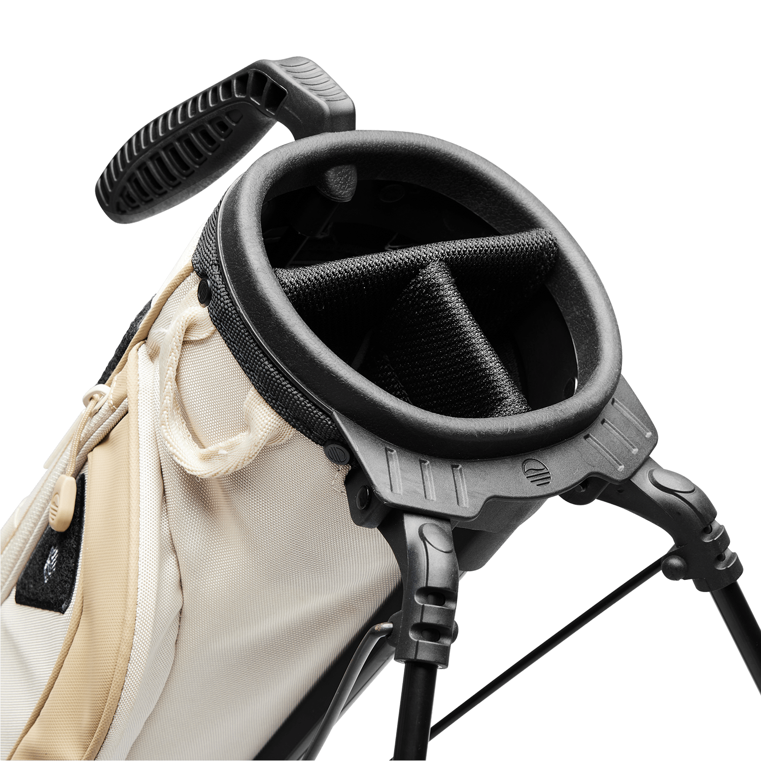 A close up top view of a toasted almond Loma XL golf bag's 3-way divider