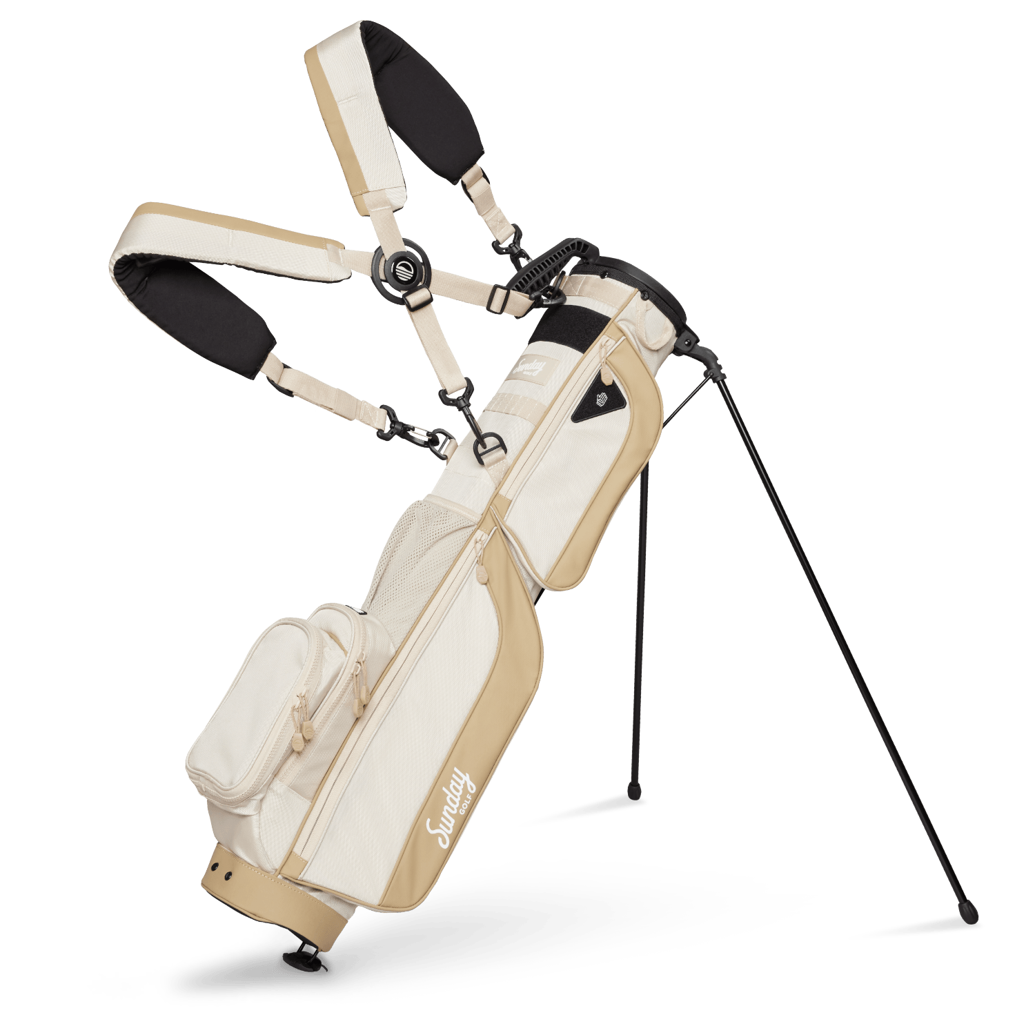 A full front shot of standing Loma XL golf bag in toasted almond with double strap