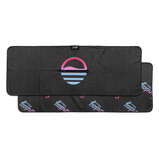 Miami Vice Golf Towel by Sunday Golf black golf towel with blue to pink ombre Sunday Golf Logo