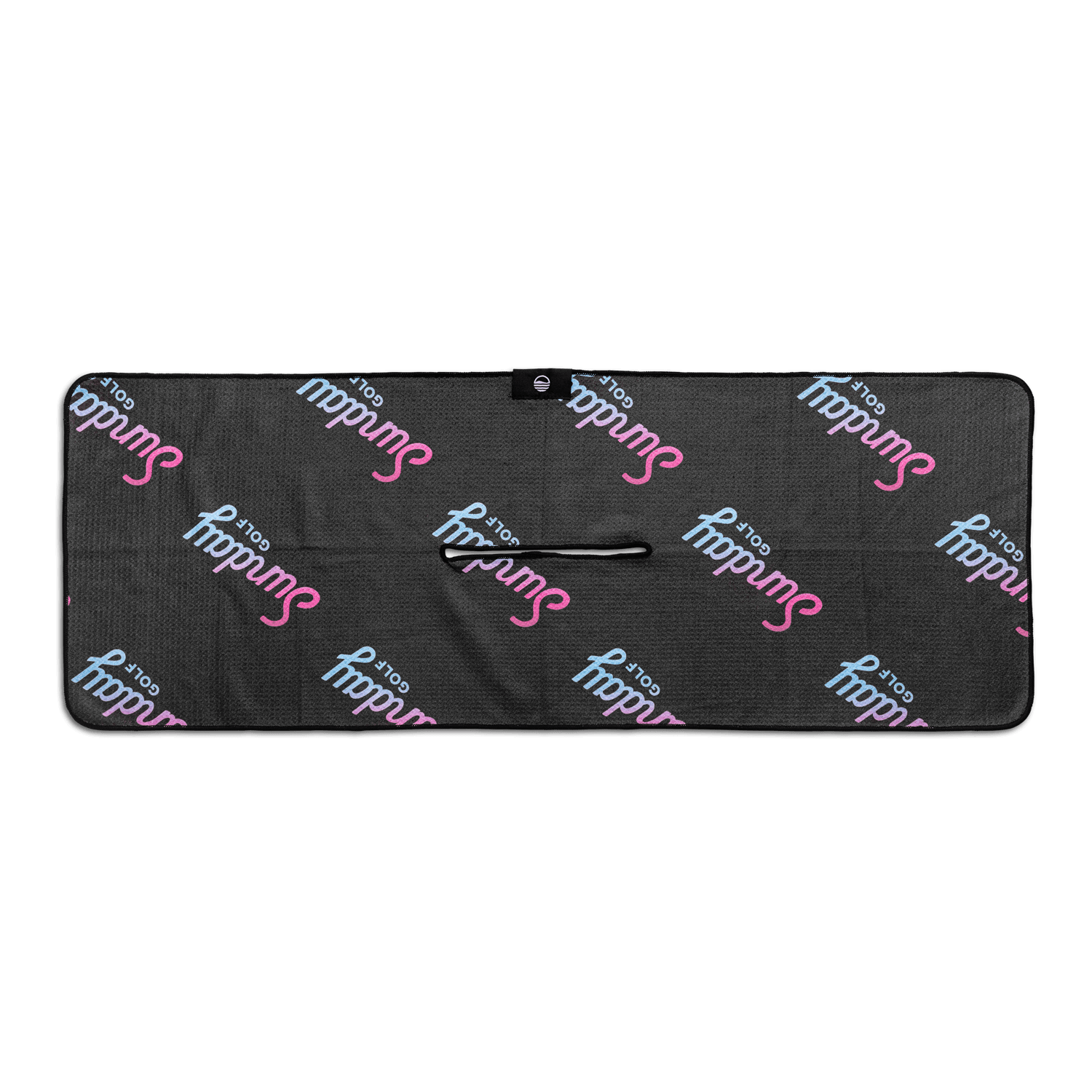 Rear view of black golf towel with ombre pink and teal colors