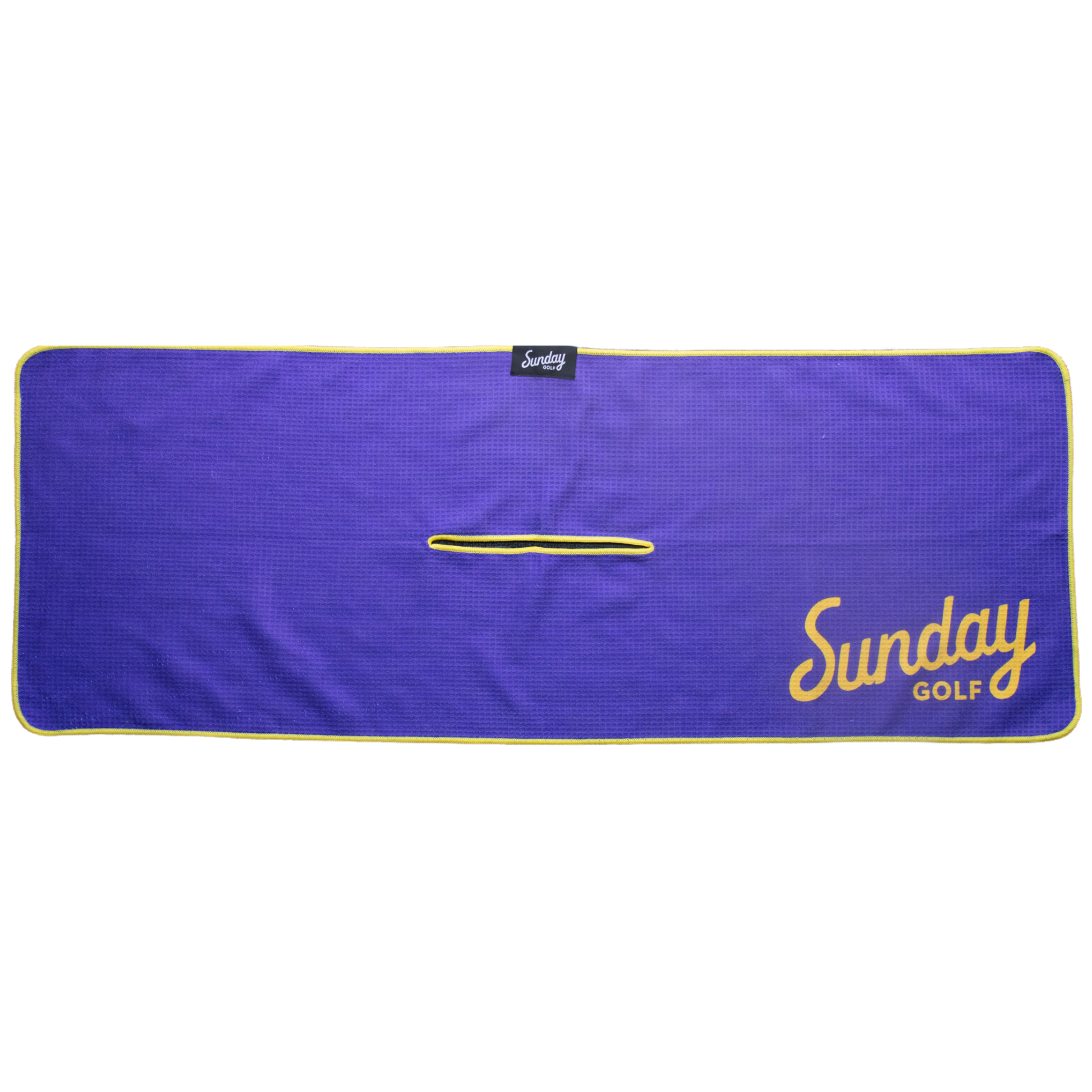 Front view of Kobe Bayou purple and yellow tailgate golf towel