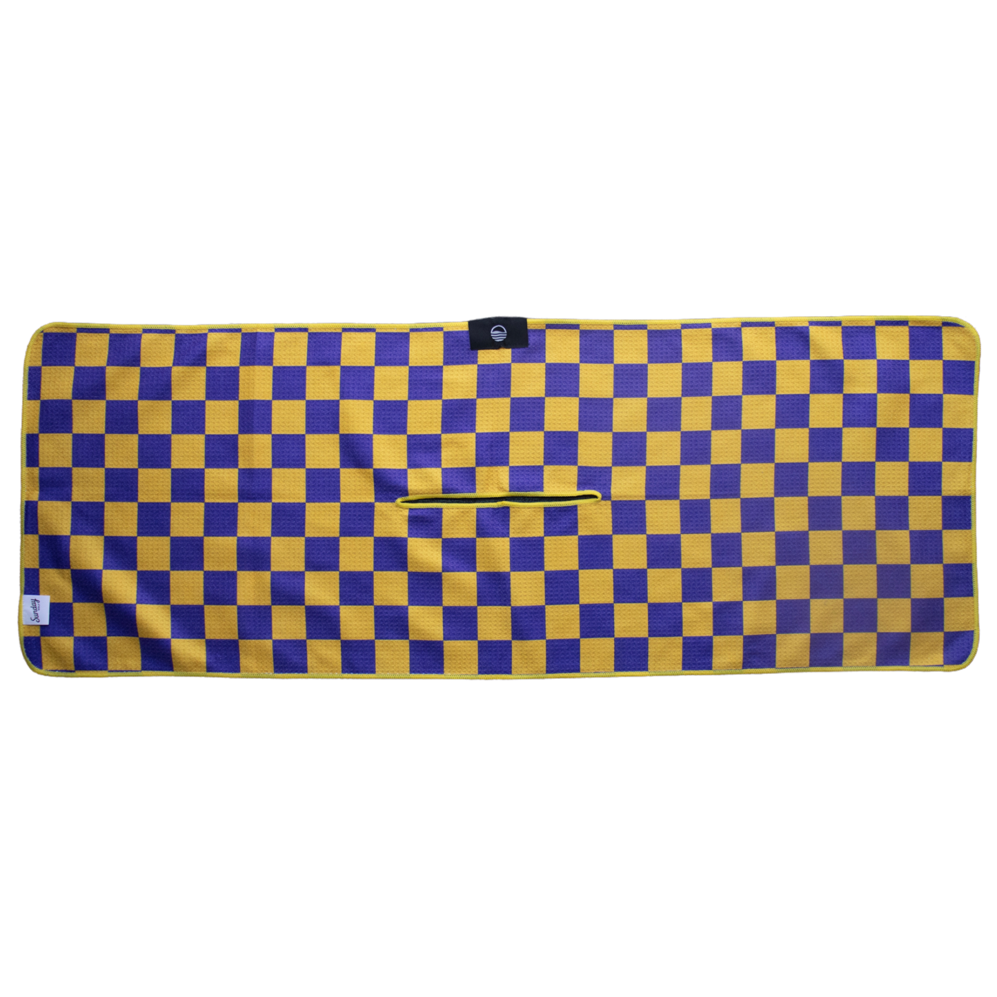Back view of Kobe Bayou purple and yellow tailgate golf towel