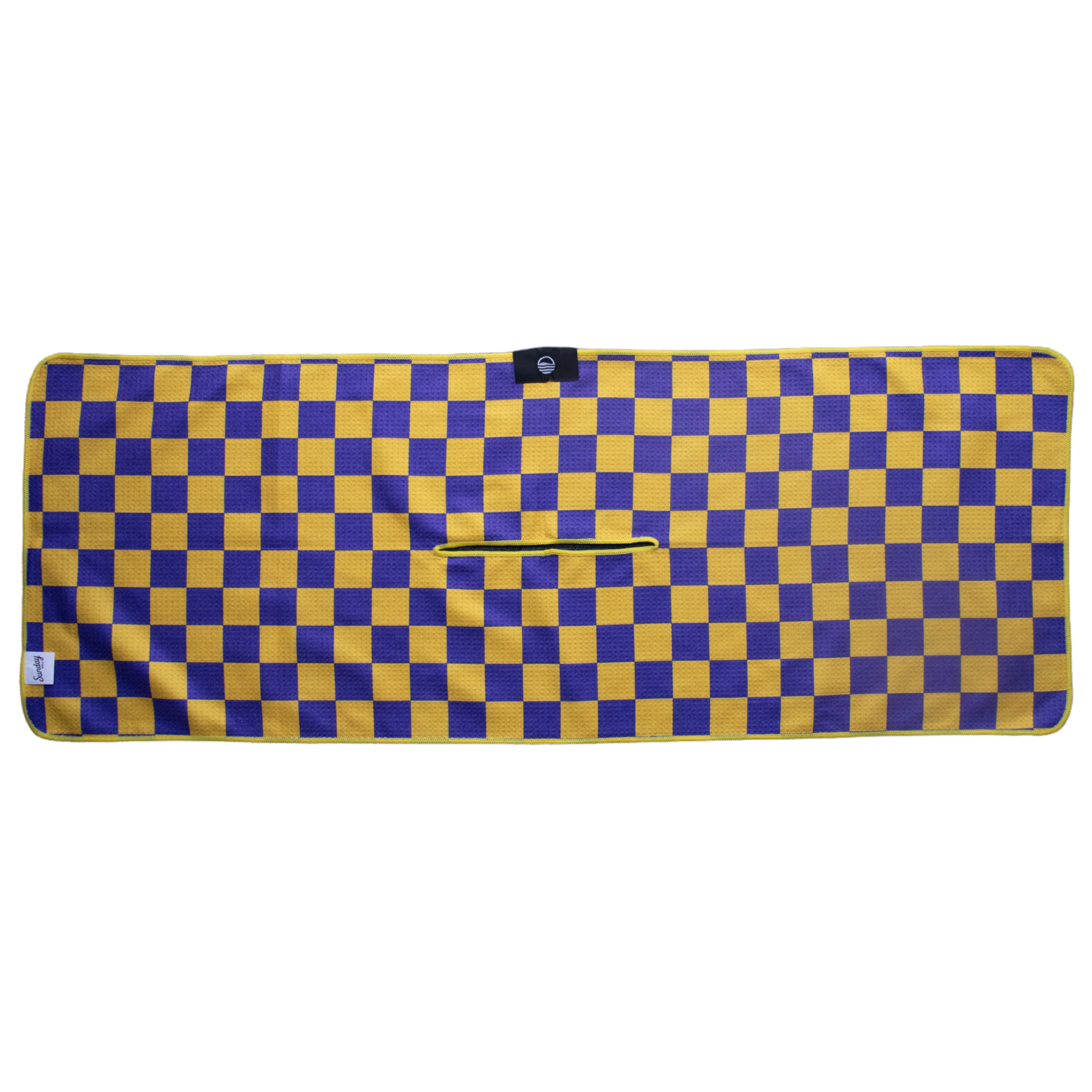 Back view of Kobe Bayou purple and yellow tailgate golf towel