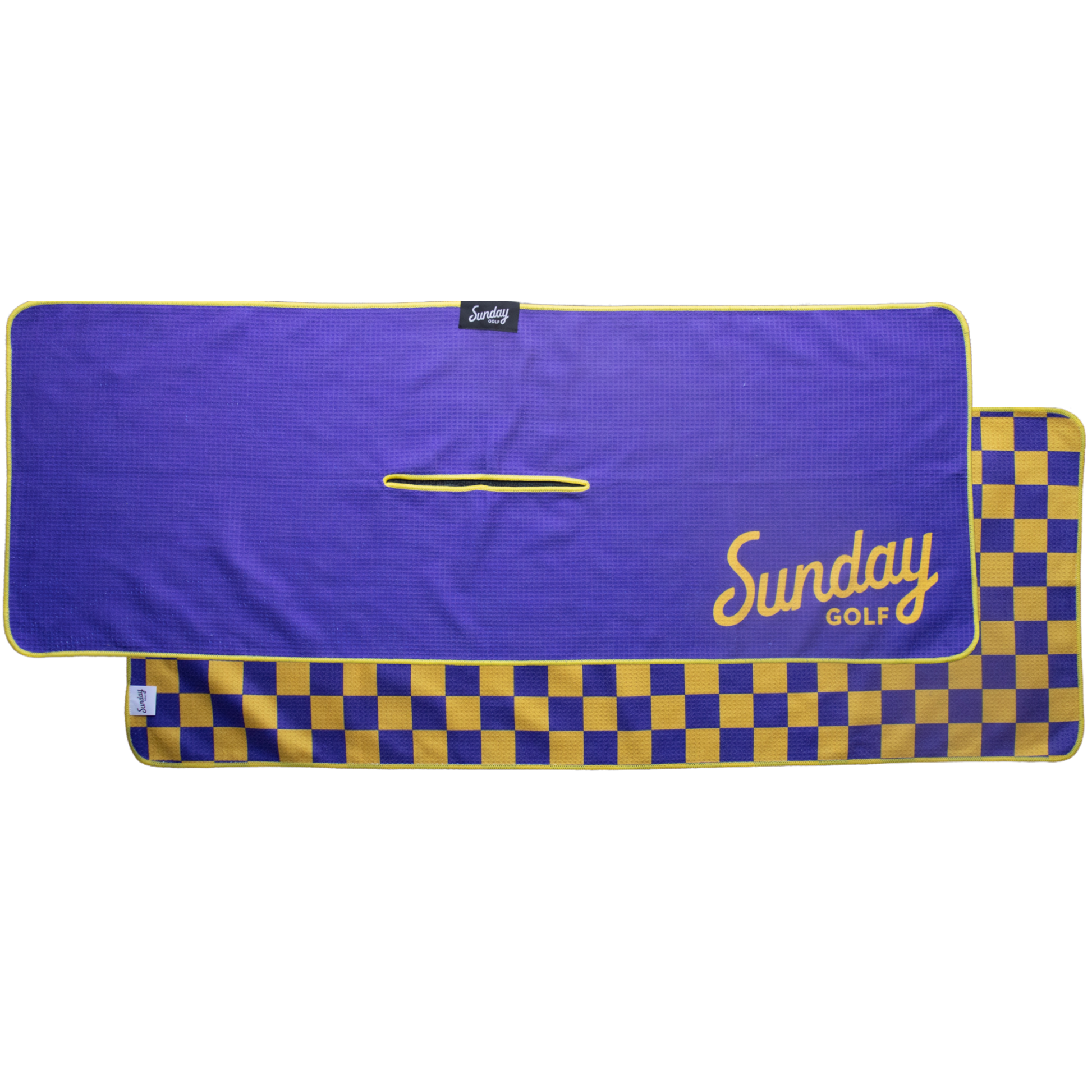 Front and back view of Kobe Bayou purple and yellow tailgate golf towel
