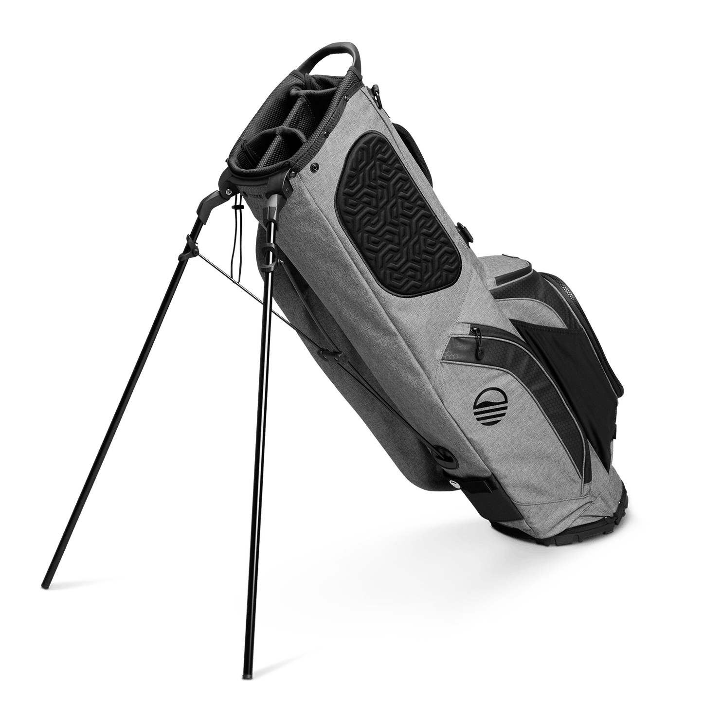 A full shot of standing Ryder golf bag in heather gray facing backward