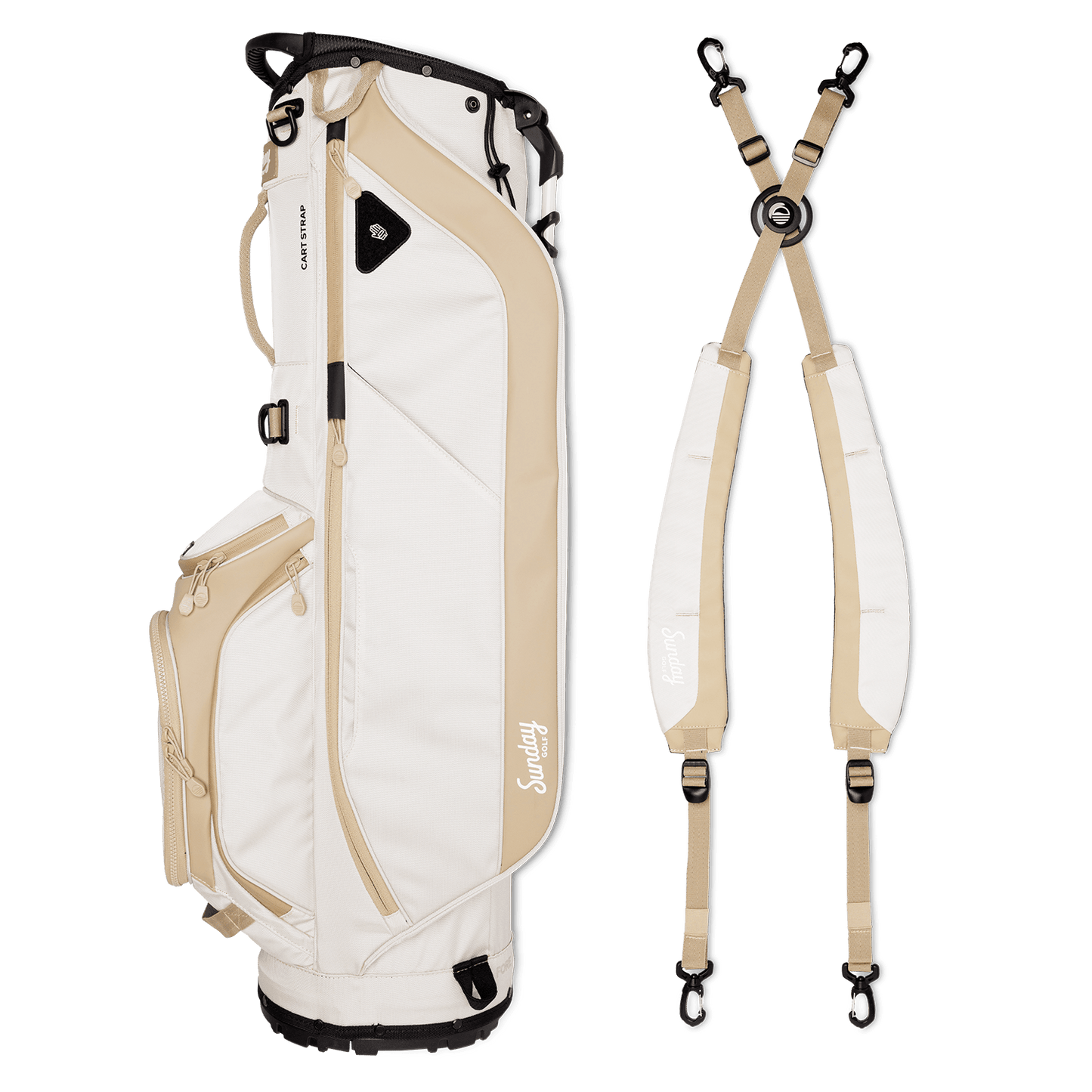 A full shot of Ryder golf bag in toasted almond laying flat sideways beside its double strap