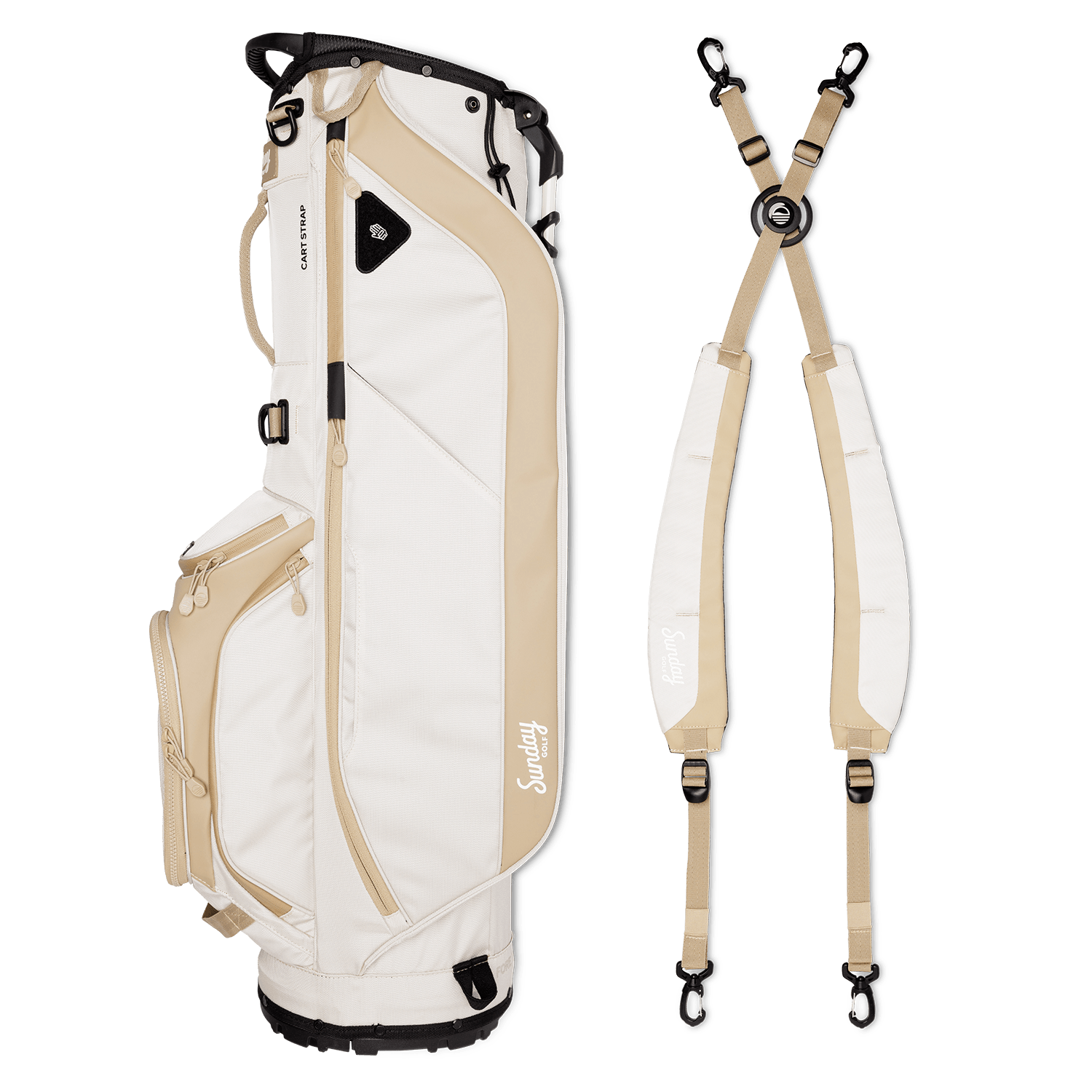 A full shot of Ryder golf bag in toasted almond laying flat sideways beside its double strap