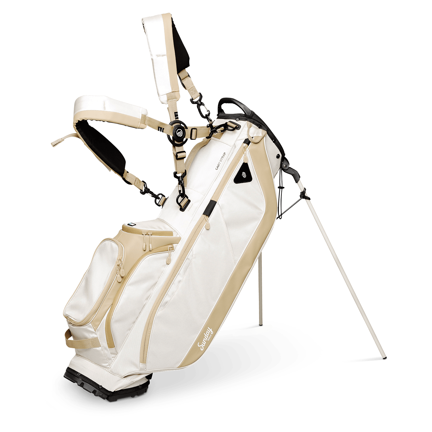 A full front shot of standing Ryder golf bag in toasted almond with double strap