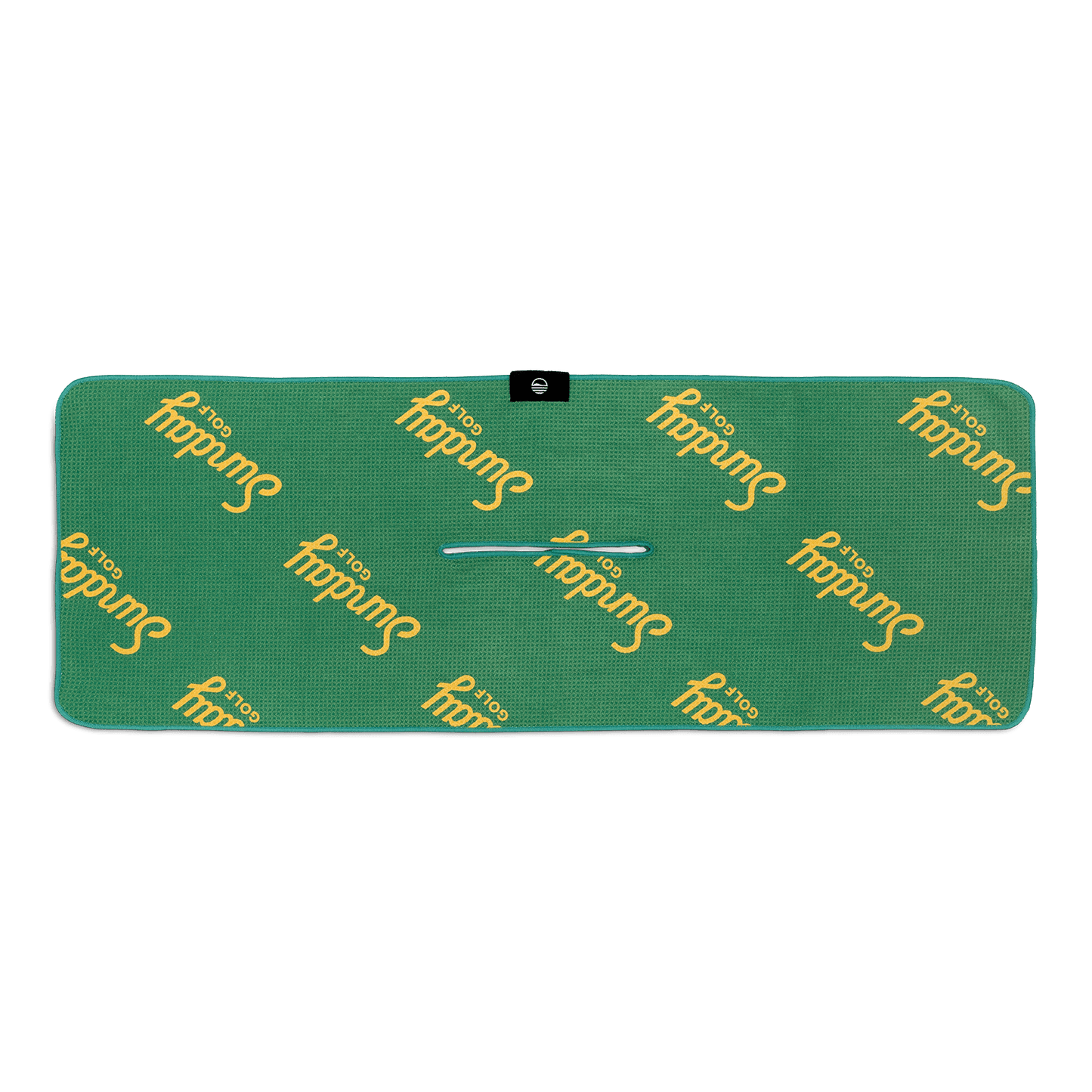 Back view of yellow background with green Seattle skyline golf towel