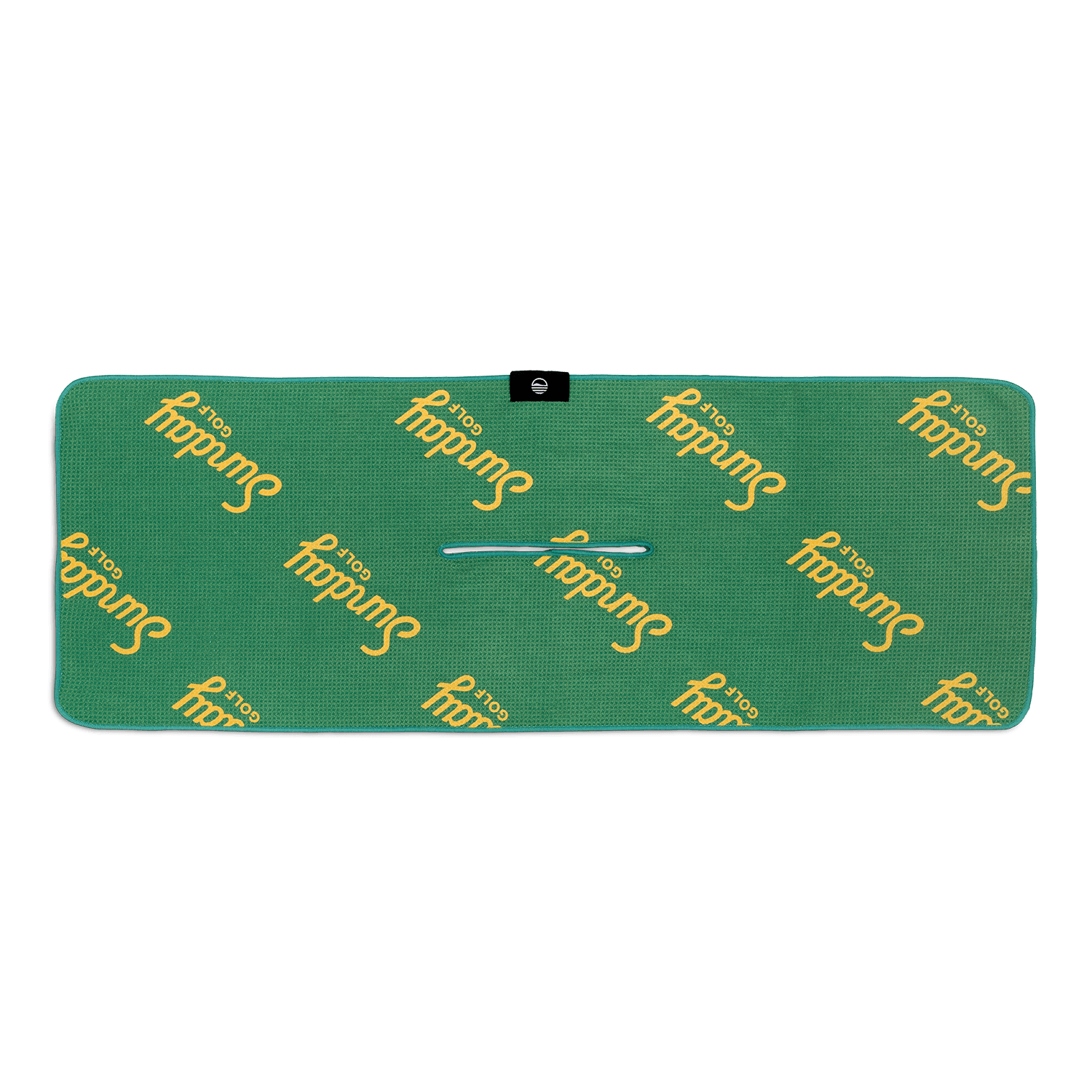 Back view of yellow background with green Seattle skyline golf towel