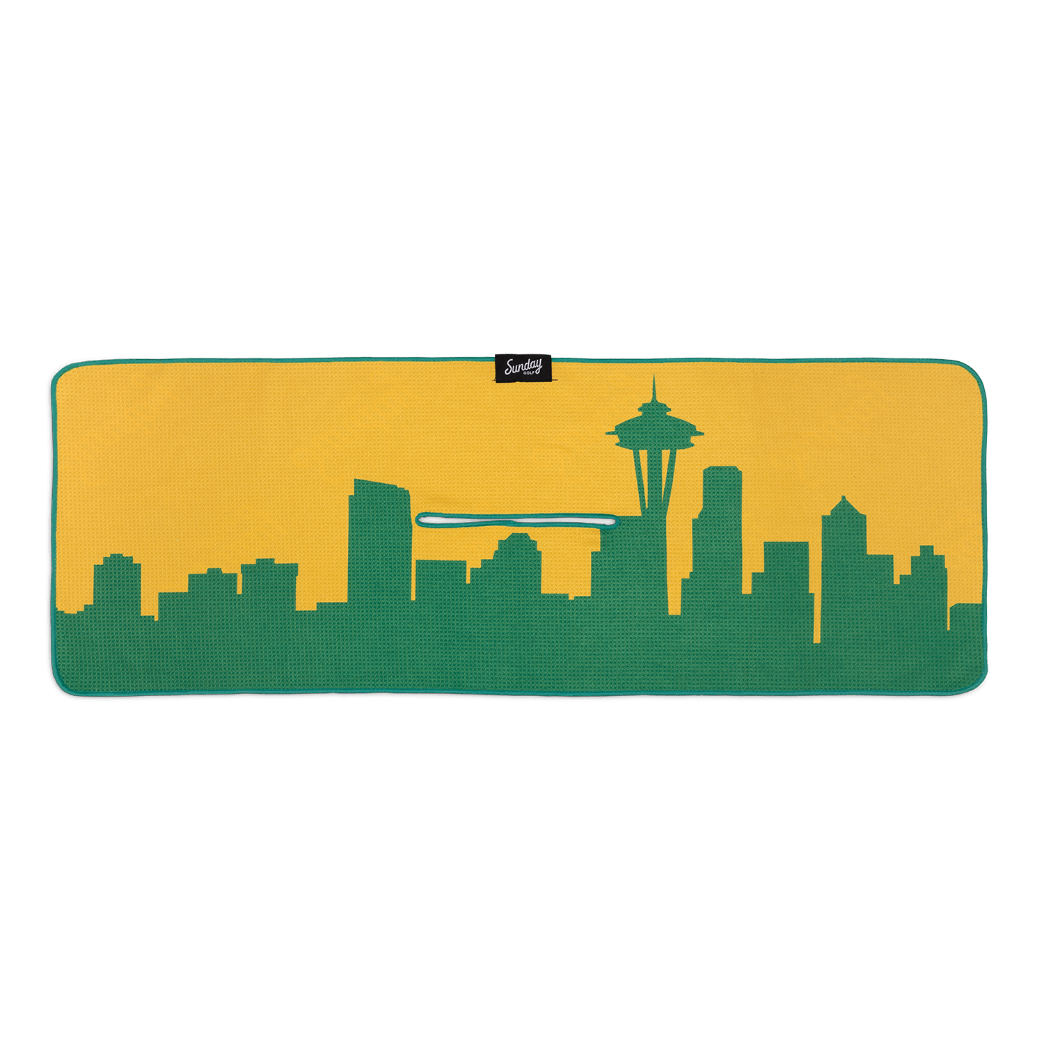 Front view of yellow background with green Seattle skyline golf towel
