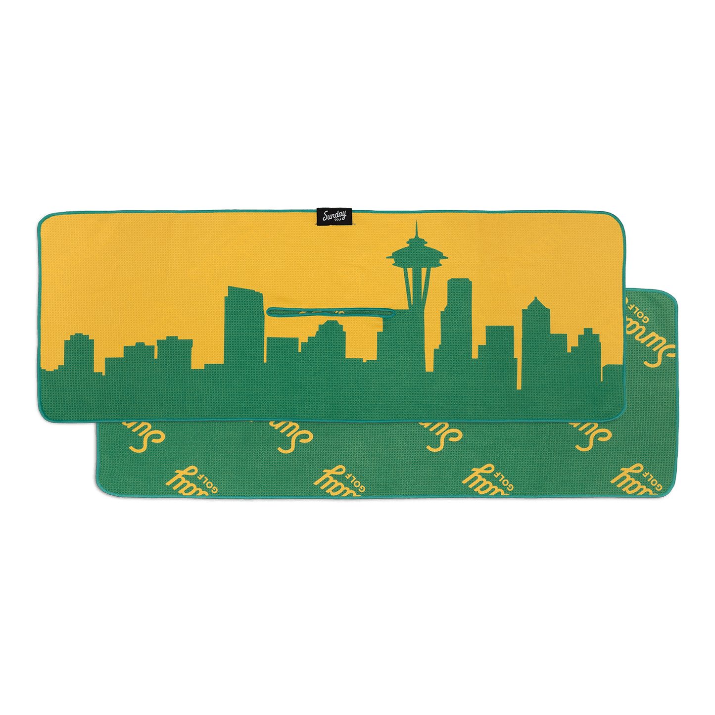 Front and back view of yellow background with green Seattle skyline golf towel