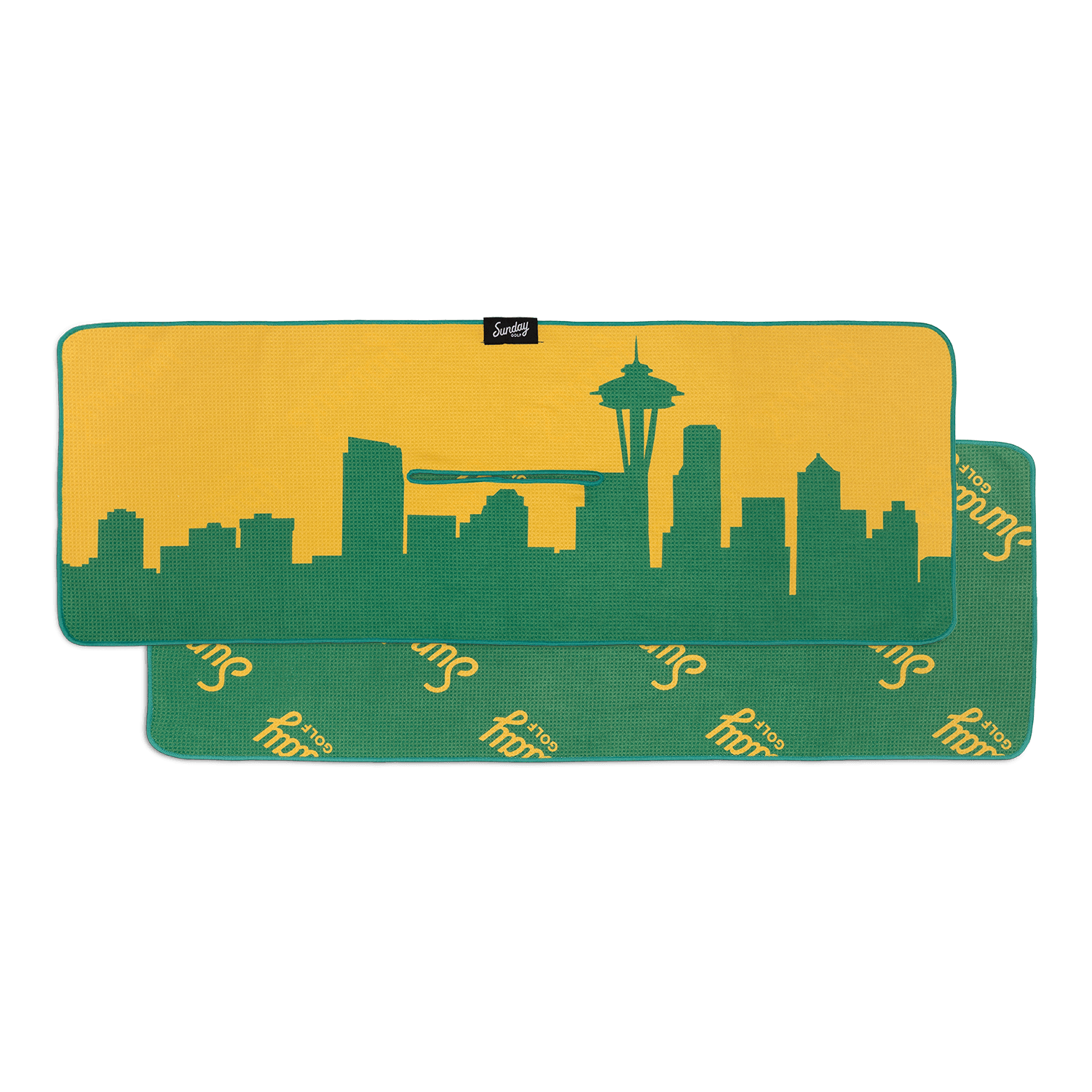 Front and back view of yellow background with green Seattle skyline golf towel
