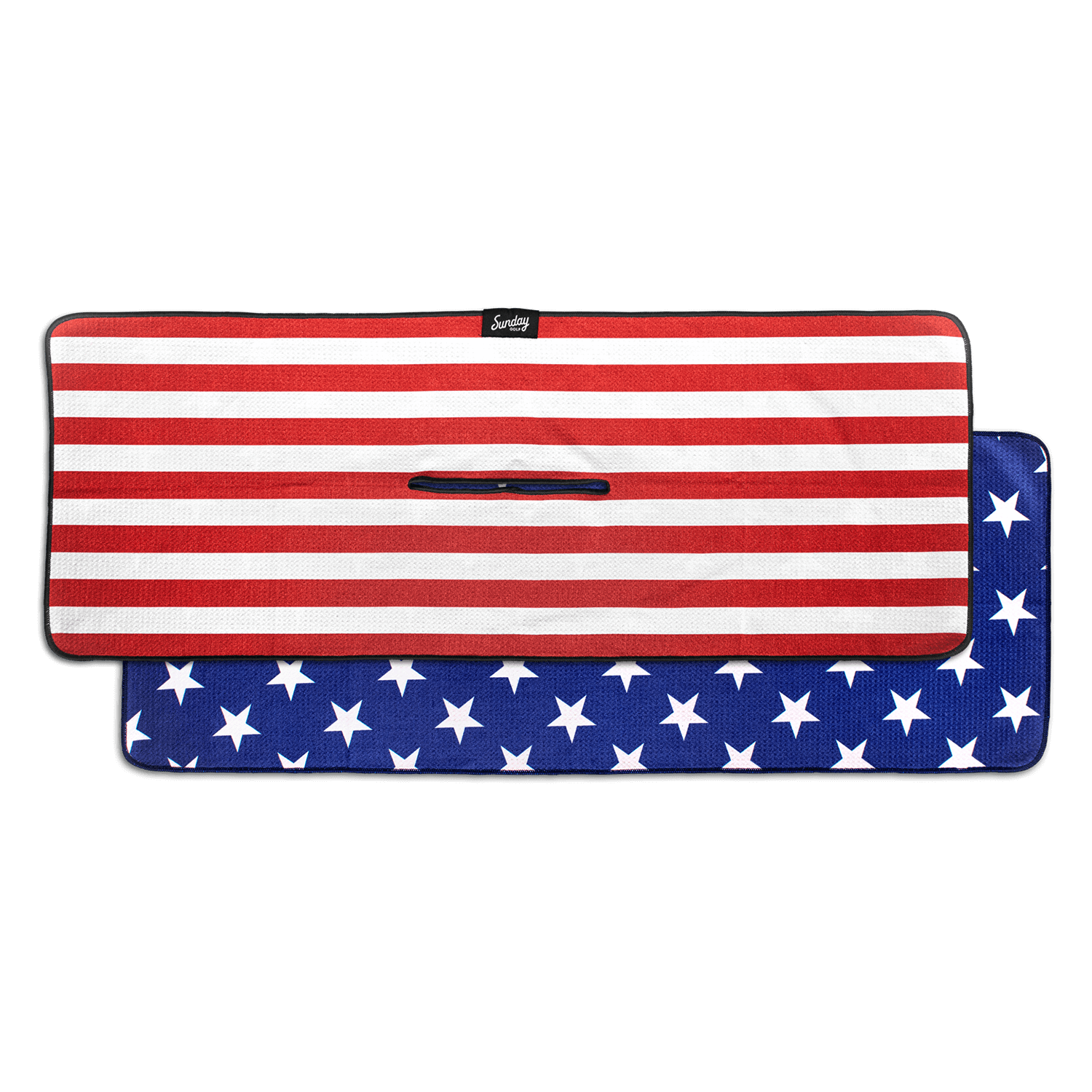 red and white stripe front panel, blue with white star back panel golf towel by Sunday Golf