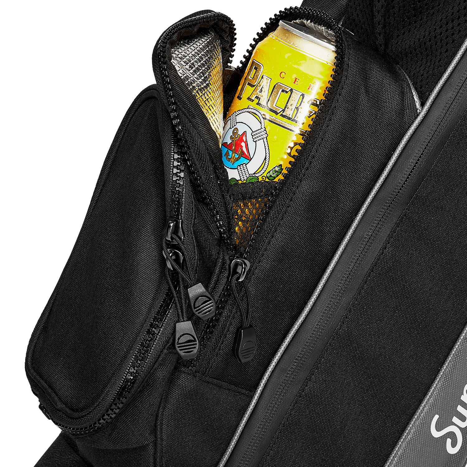 A close up shot of matte black Loma golf bag's insulated pocket with a canned drink inside