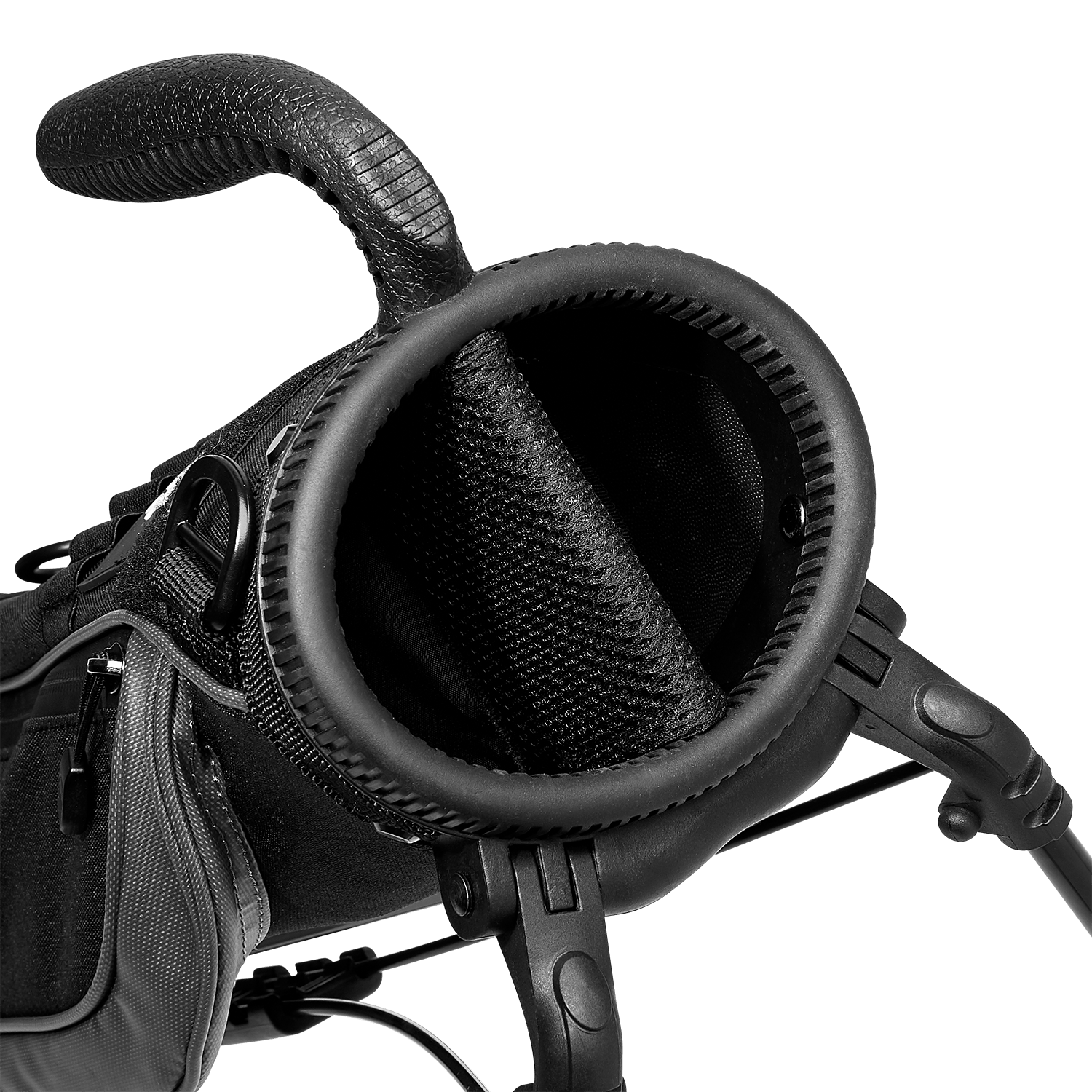 A close up top view of a matte black Loma golf bag’s 2-way divider