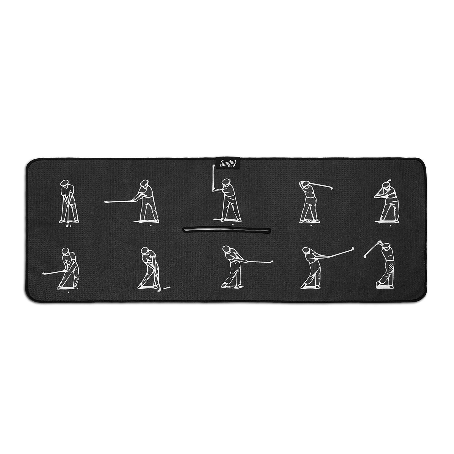 front of Greatest Swing golf towel showing swing progression golfer in white