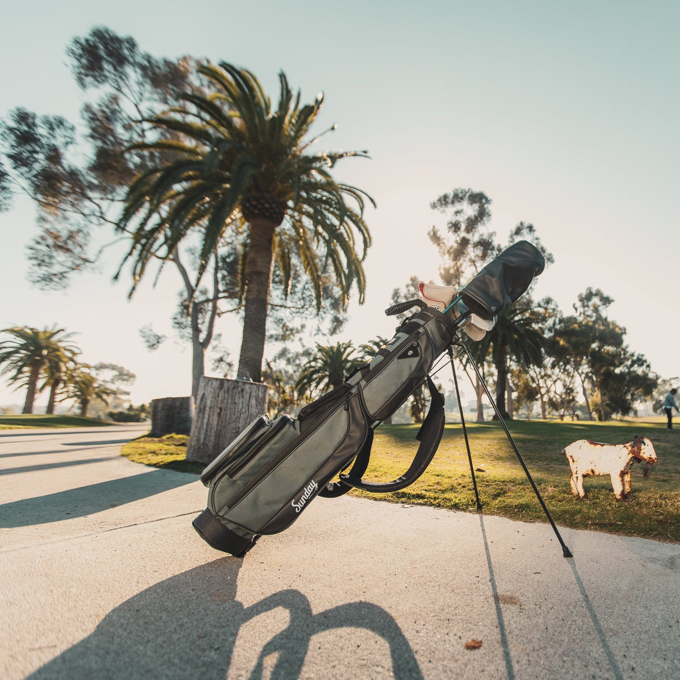 A full front shot on the course of standing Loma XL golf bag in midnight green with double strap and with palm trees in the background