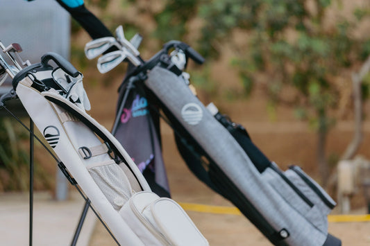 loma golf bags in white vegan leather and heather gray