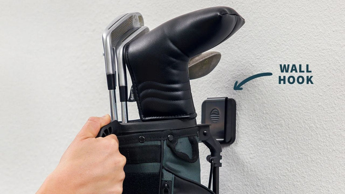 Sunday Golf Loma bag hanging on a wall-mounted golf bag organizer hook
