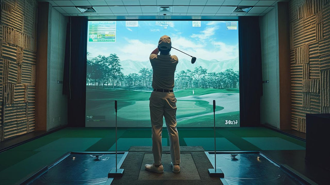 golfer swinging in front of a large golf simulator screen