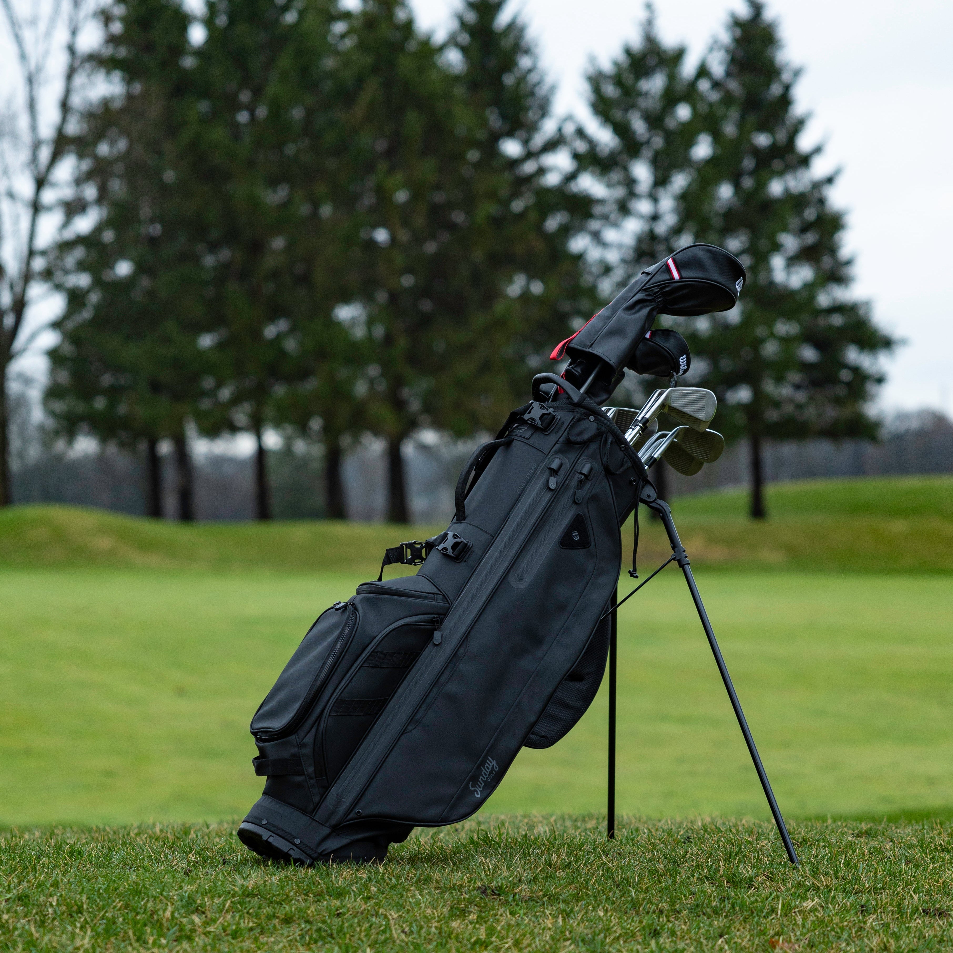 Golf bag with clubs on a grassy field with trees in the background