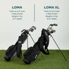 An infographic listing the key differences between The Loma and Loma XL golf bags