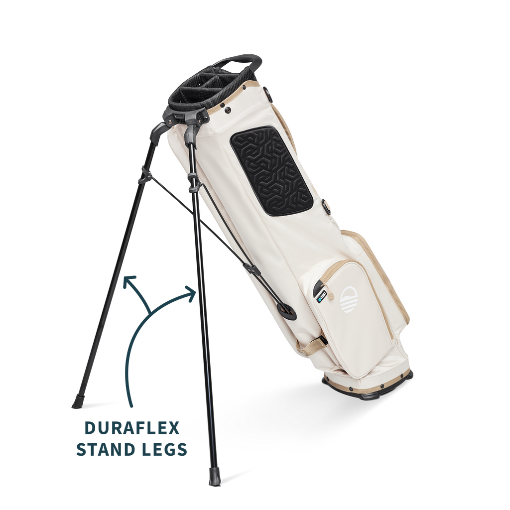 A full shot of El Camino golf bag in toasted almond facing backward along with product description labels