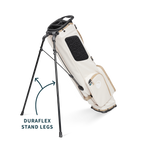 A full shot of El Camino golf bag in toasted almond facing backward along with product description labels