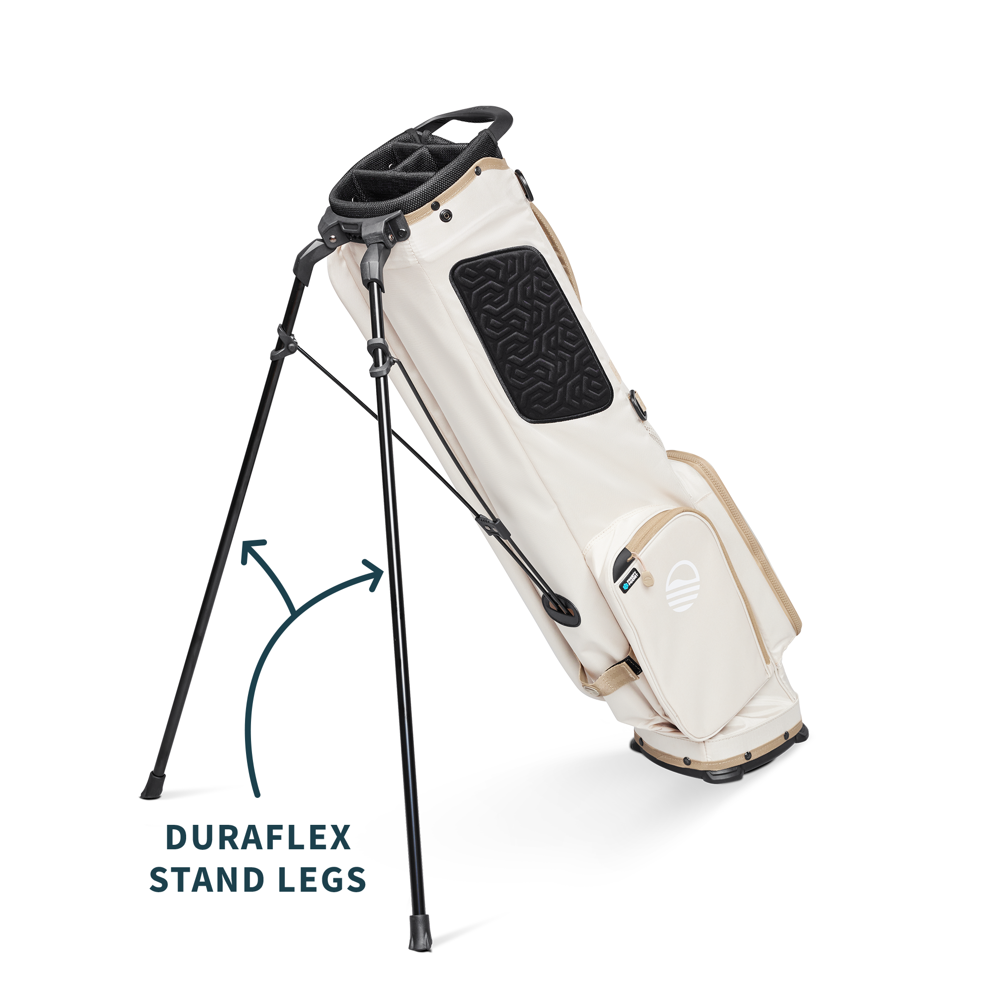 A full shot of El Camino golf bag in toasted almond facing backward along with product description labels
