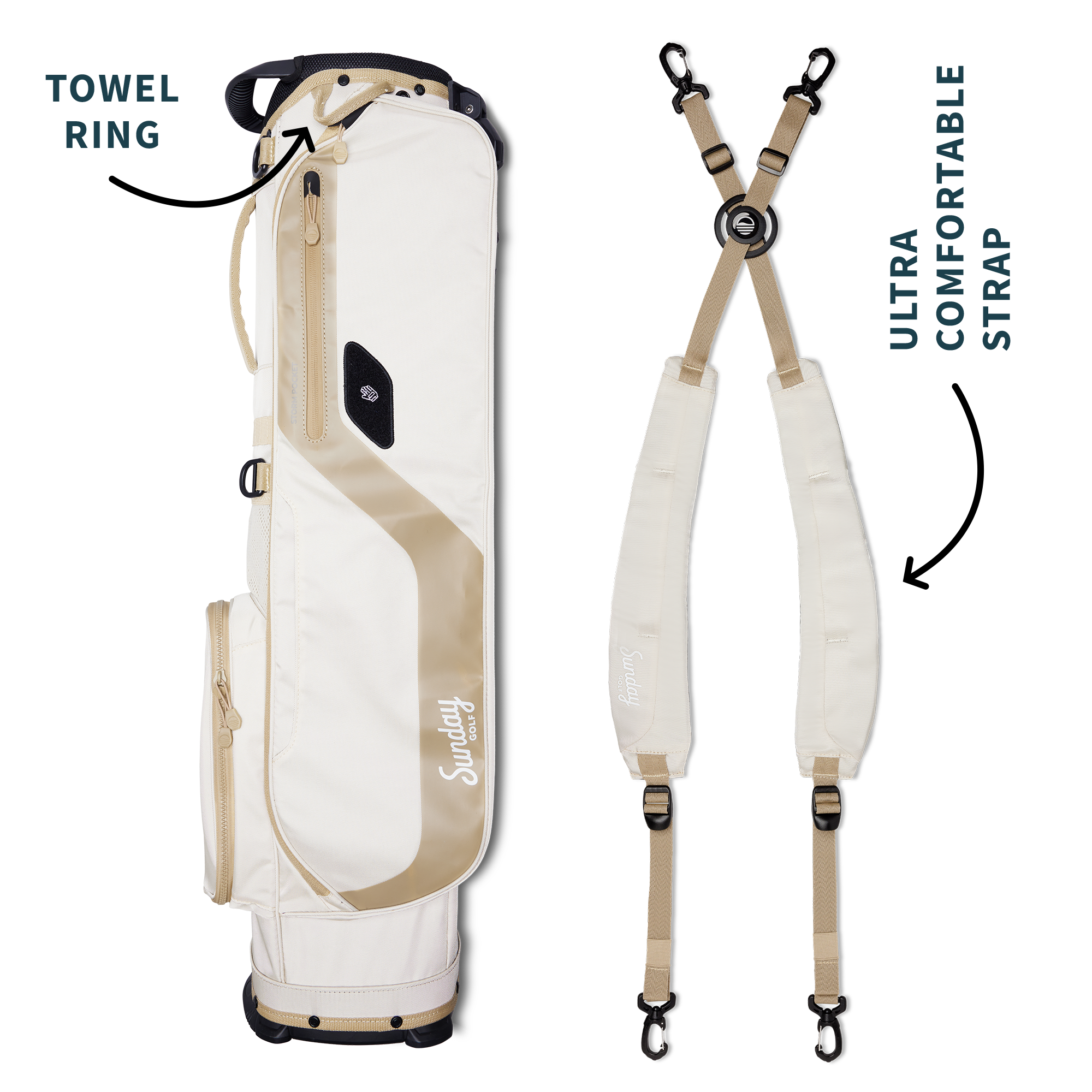 A full shot of El Camino golf bag in toasted almond laying flat sideways beside its double strap with product description labels