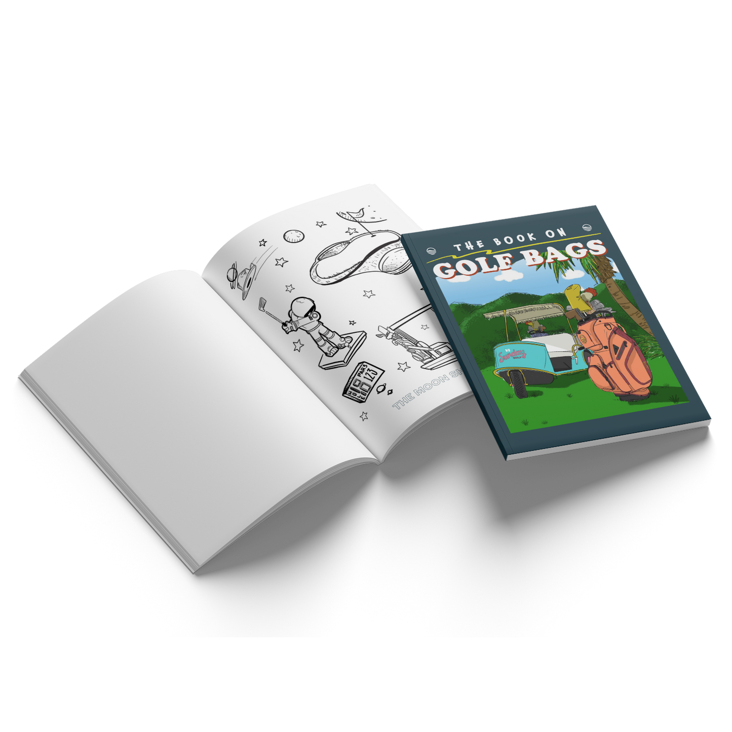 open coloring book showing some illustrations of futuristic guy golfing