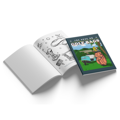 open coloring book showing some illustrations of futuristic guy golfing