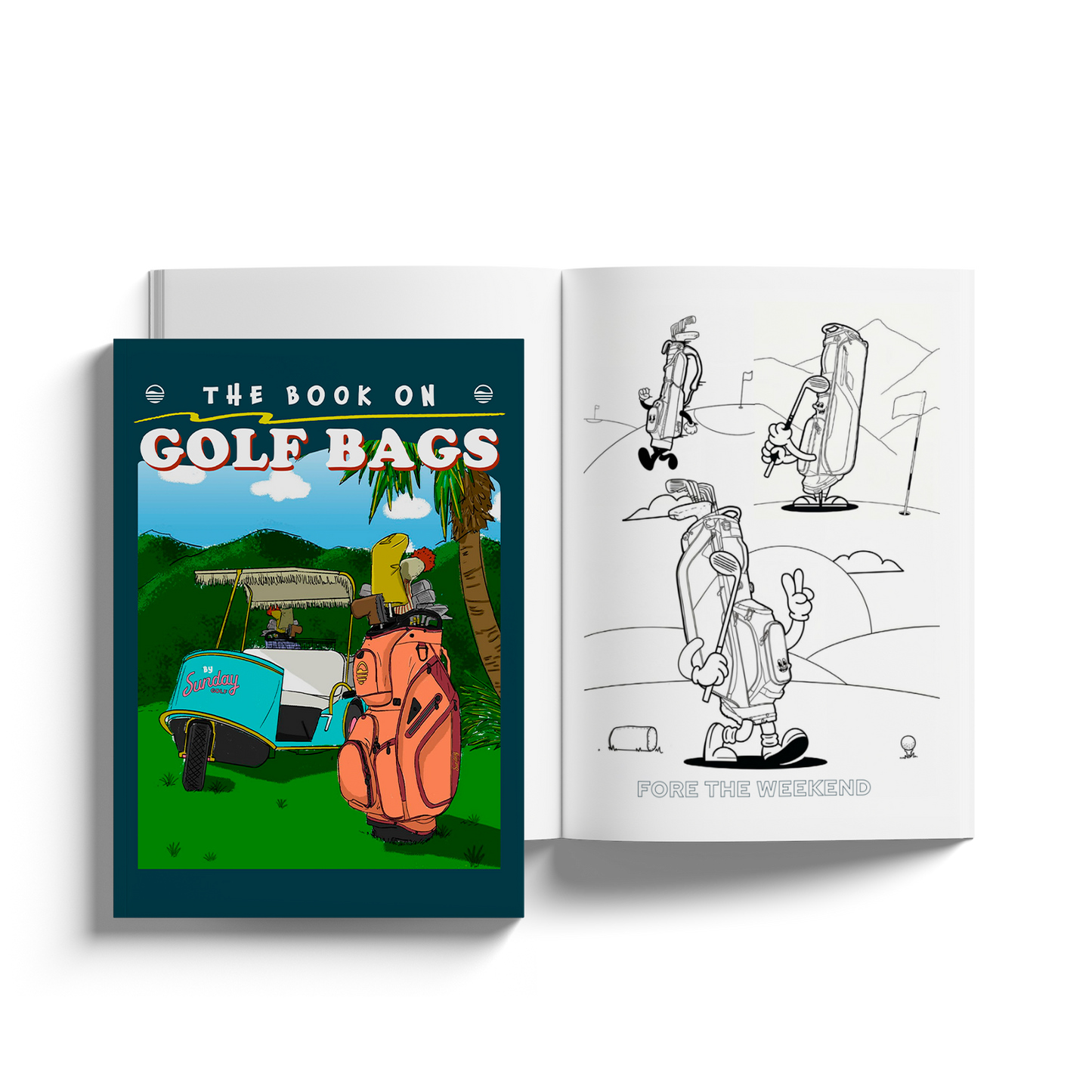 front shot of the book on golf bags showing one illustration of different golf bags