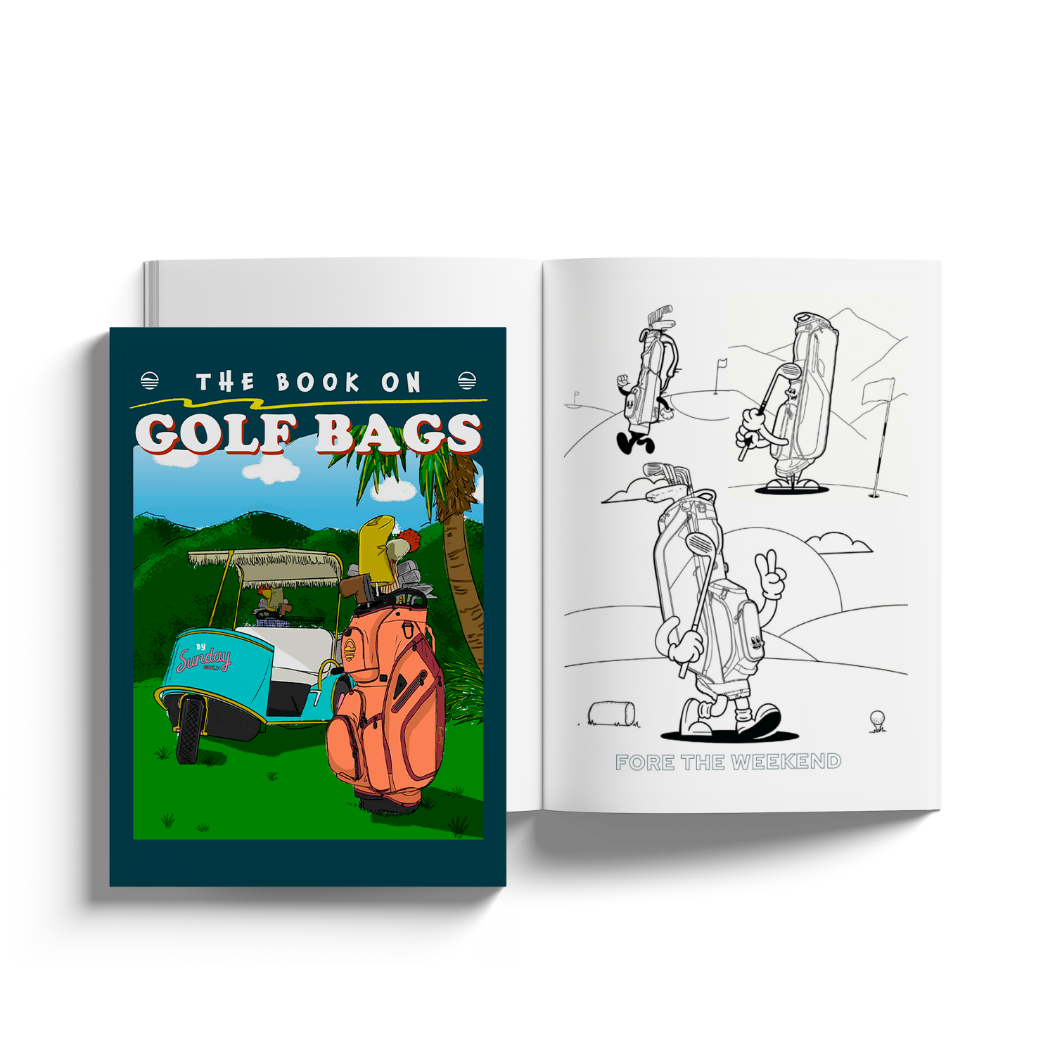 front shot of the book on golf bags showing one illustration of different golf bags
