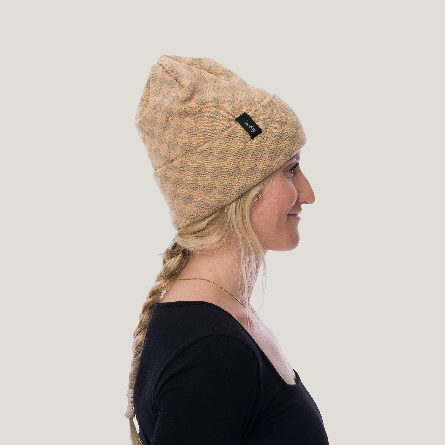 side when worn shot of checkered mickey beanie