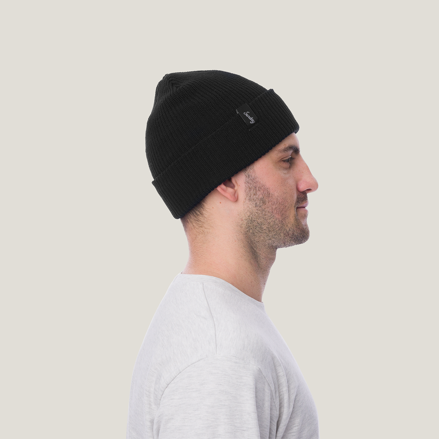 side when worn shot of black mickey beanie