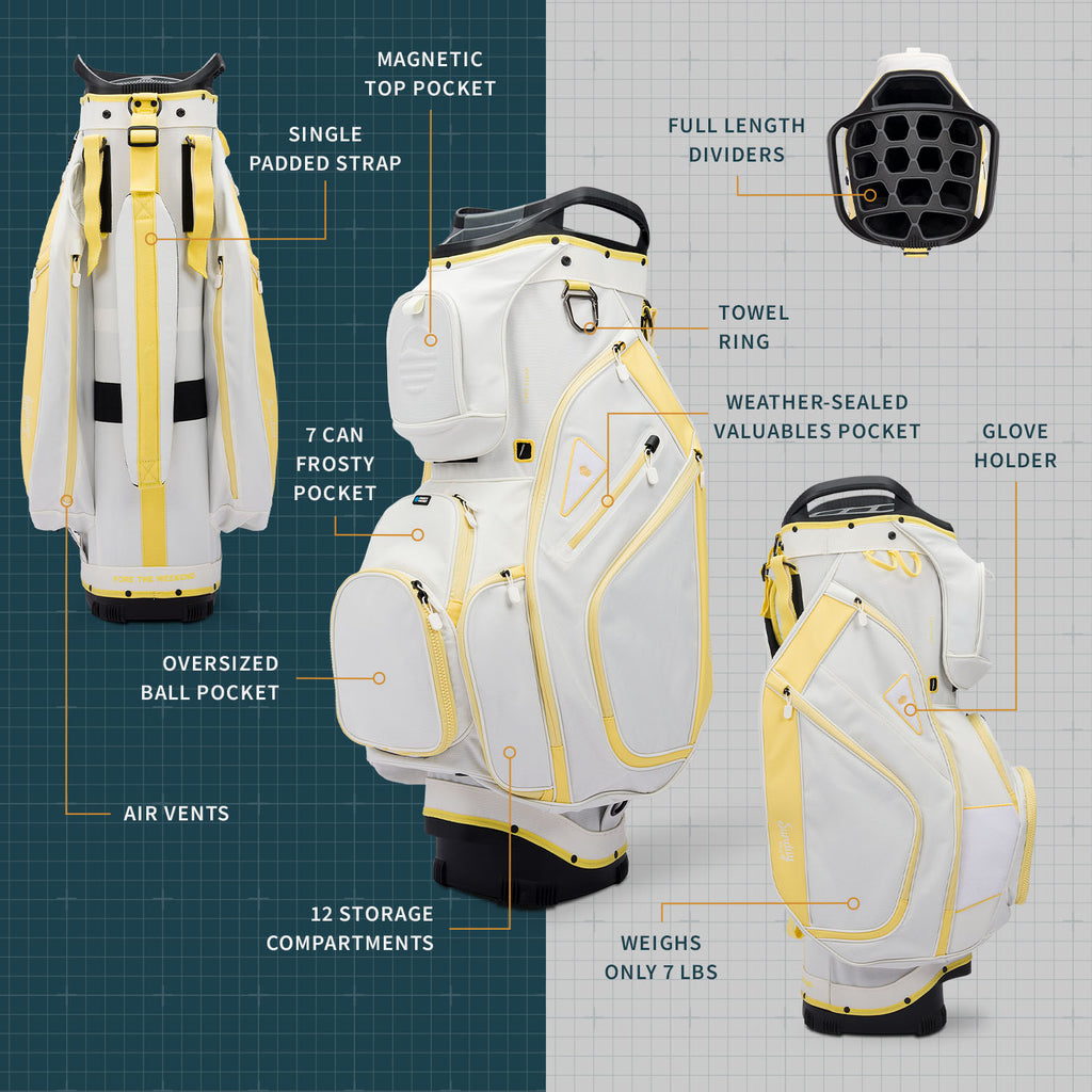 A product description image of Big Rig golf bag in Mindy Lemon showing key features with labels