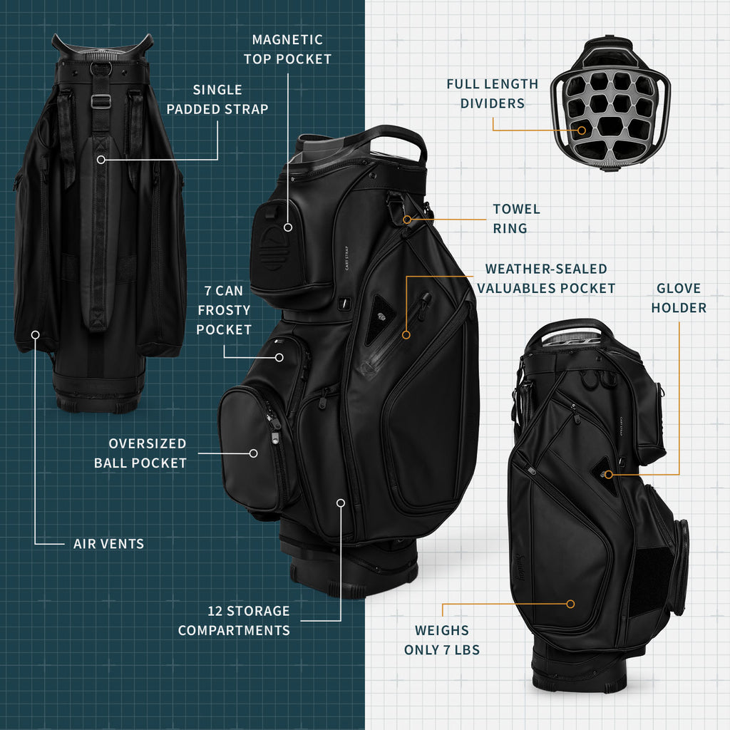 A product description image of Big Rig S-Class golf bag in black vegan leather showing key features with labels