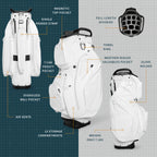 A product description image of Big Rig S-Class golf bag in white vegan leather showing key features with labels