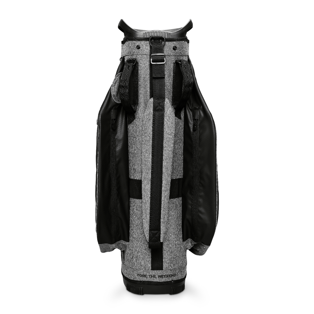 Back shot of Big Rig golf bag in heather gray showing the strap of the bag