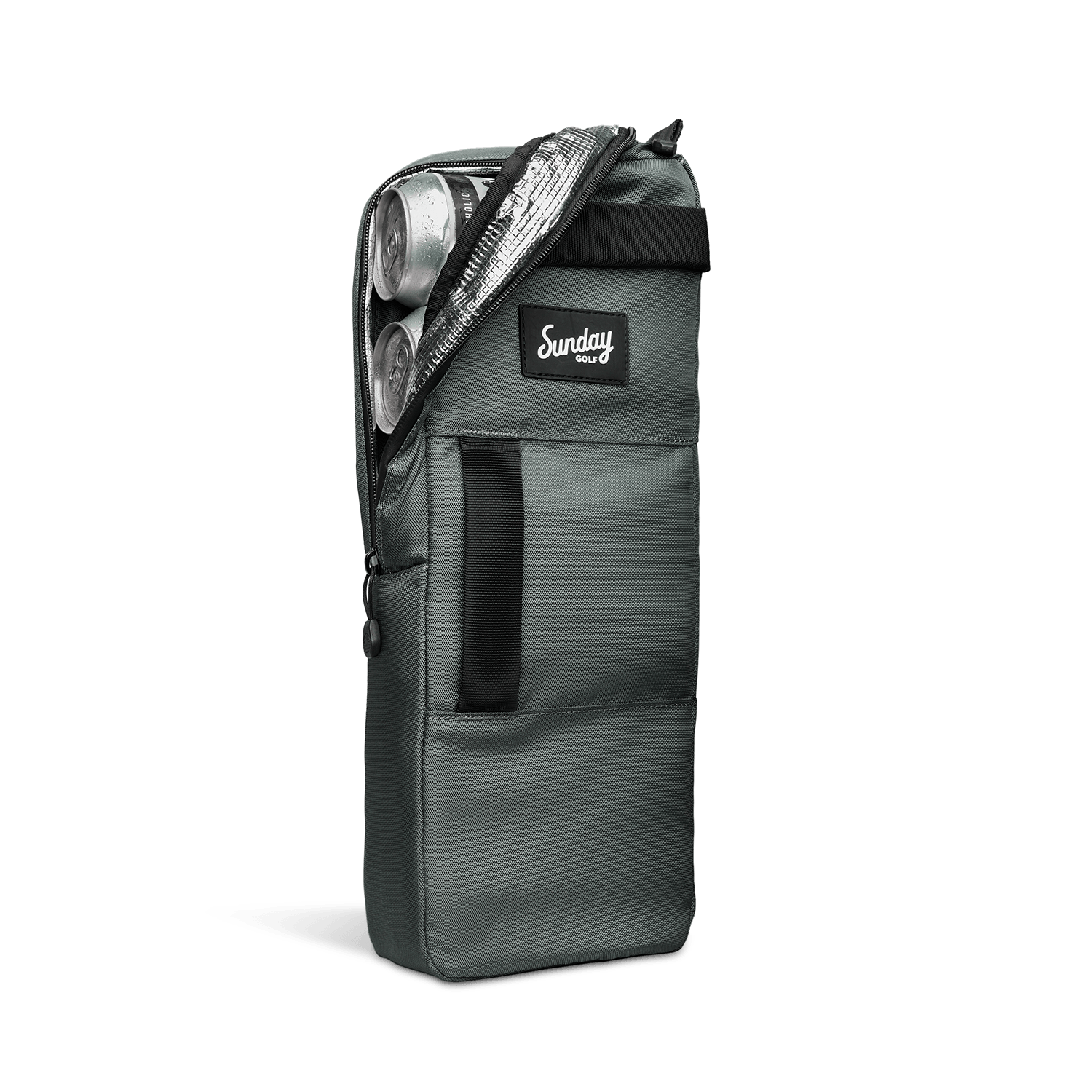 A front shot of big frosty golf cooler bag in midnight green partially unzipped showing canned drinks inside