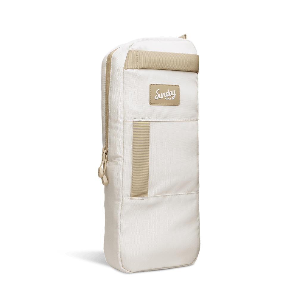 A front shot of big frosty golf cooler bag in toasted almond fully zipped