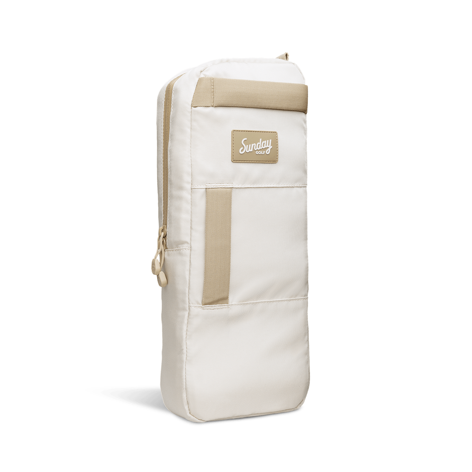 A front shot of big frosty golf cooler bag in toasted almond fully zipped