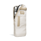 A front shot of big frosty golf cooler bag in toasted almond unzipped showing canned drinks inside